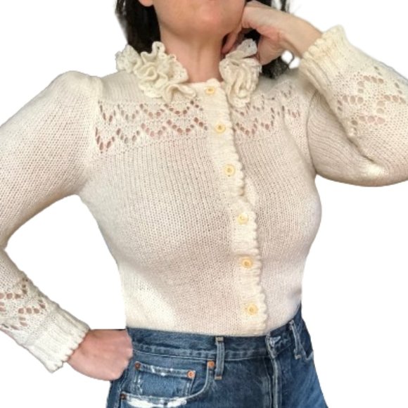 Vtg Puff Sleeve Pockets Ruffle Cut Work Knit Granny Grandma Cardigan Sweater S/M - Picture 5 of 17